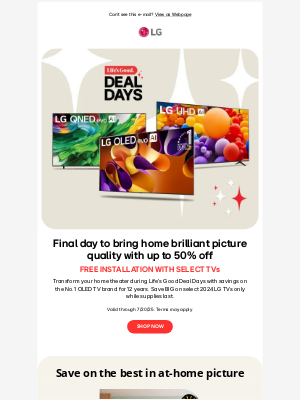 LG Electronics - Sale ENDS Today! Up to 50% Off Select LG OLED TVs!