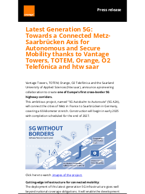 Orange - Latest Generation 5G: Towards a Connected Metz-Saarbrücken Axis for Autonomous and Secure Mobility thanks to Vantage Towers, TOTEM, Orange, O2 Telefónica and htw saar