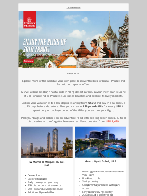 Emirates Holidays - Lock in a solo vacation from just a USD 3 deposit