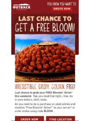 Outback Steakhouse - Hurry - FREE Bloomin' Onion®️ Ends Sunday!