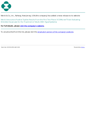 Merck & Co - Merck Announces Positive Topline Results From the First Two Phase 3 CORALreef Trials Evaluating Enlicitide Decanoate for the Treatment of Adults With Hyperlipidemia
