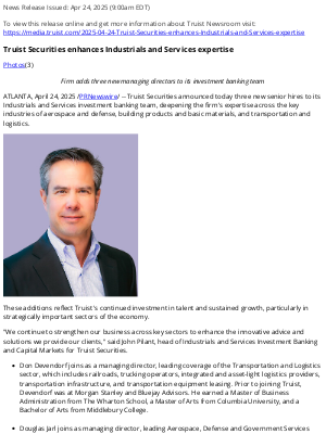 Truist Financial - Truist Securities enhances Industrials and Services expertise
