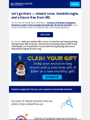 Crohn's & Colitis Foundation - Your support today = 2X the impact for IBD cures