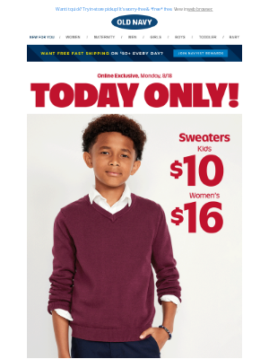 Old Navy - A real steal: $16 sweaters + 40% off everything online