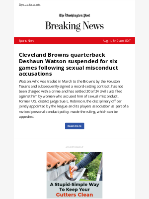 Washington Post - Sports Alert: Cleveland Browns quarterback Deshaun Watson suspended for six games following sexual misconduct accusations