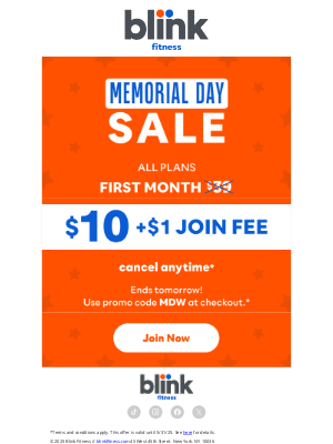 Blink Fitness - Last Chance: 1st month $10!