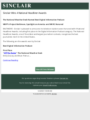 Sinclair Wins 4 National Headliner Awards