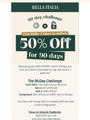 Bella Italia (United Kingdom) - Unlock 50% off EVERY visit for 90 days! 🔓🍕