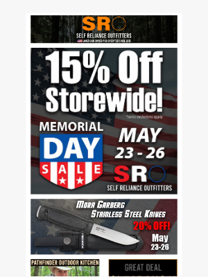 Self Reliance Outfitters - Don't Miss Our Memorial Day Gear Discounts!
