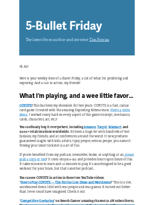 Tim Ferriss - 5-Bullet Friday — Coyote Meltdowns, Great Quotes, A Comic Nerd’s Dream, and More