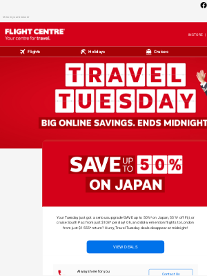 Flight Centre -(Australia) - Up to 50%* off Japan? Arigato, Travel Tuesday!