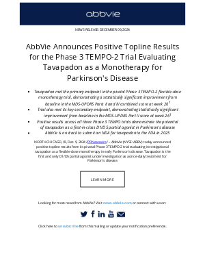 AbbVie - AbbVie Press Release: AbbVie Announces Positive Topline Results for the Phase 3 TEMPO-2 Trial Evaluating Tavapadon as a Monotherapy for Parkinson's Disease