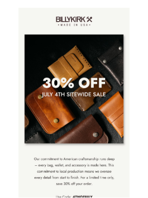 Billykirk, Inc. - 30% Off Site Wide Starts Now
