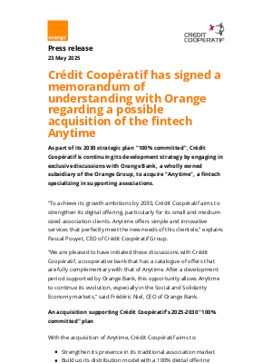 Orange - Crédit Coopératif has signed a memorandum of understanding with Orange regarding a possible acquisition of the fintech Anytime