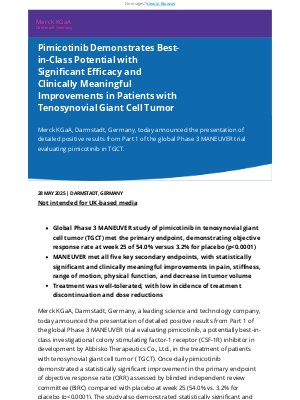 Merck KGaA - Pimicotinib Demonstrates Best-in-Class Potential with Significant Efficacy and Clinically Meaningful Improvements in Patients with Tenosynovial Giant Cell Tumor