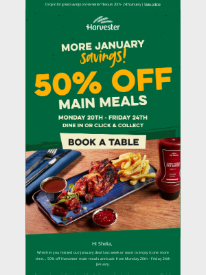 Harvester (United Kingdom) - 50% off main meals - Save big and savour the flavour! 😋