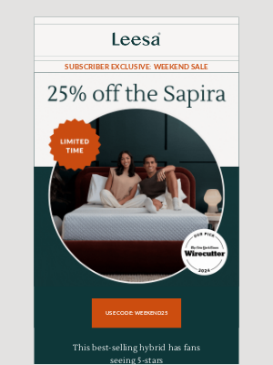 Leesa - Subscriber Exclusive : Save 25% sitewide this weekend only