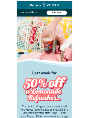 Caribou Coffee - Final week for 50% off a Lemonade Refresher!