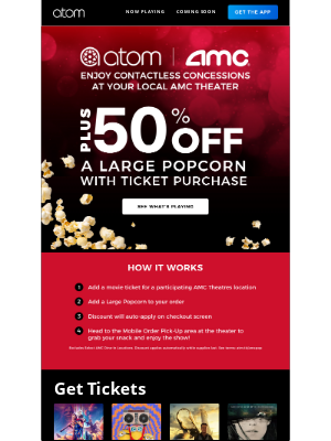 Atom Tickets - AMC Theatres deal: 50% off popcorn 🍿