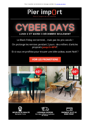 Pier Import (France) - 💰 Cyber Days : vente flash jusqu'à mardi !