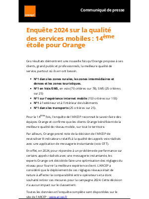 Orange - Enquête 2024 sur la qualité des services mobiles : 14ème étoile pour Orange