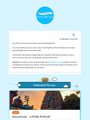 Jack's Flight Club - New: *free bag* Around India 🍛 in $590s-$760s RT