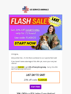 US Service Animals - Last Call for 20% Off - Final Countdown! ⏰