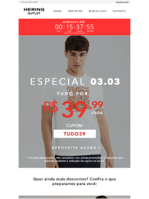 Hering Outlet (Brazil) - Só HOJE: TUDO* por R$39,99 cada