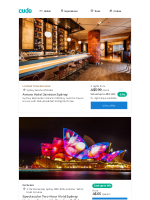 Cudo Australia - VIVID Sydney in One Week: Sydney CBD Bestseller near Opera House w. Nightly Drinks | Spectacular Two-Hour Vivid Sydney Harbour Cruise w. Standing Buffet & More