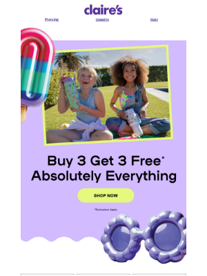 Claire's - Summer Stockpile: Buy 3 Get 3 EVERYTHING!