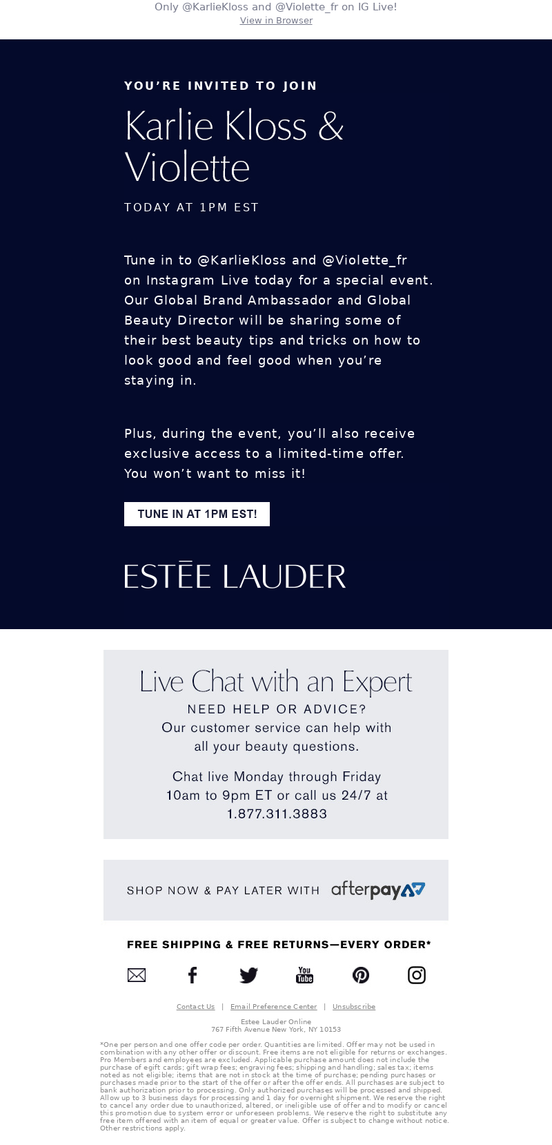 Estée Lauder - 📱 Join Karlie Kloss & Violette on Instagram Live—Today at 1PM EST!
