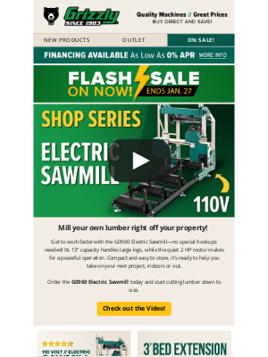 Grizzly Industrial Inc. - ⚡Exclusive Flash Sale: Electric Sawmill and Bed Extension Rails