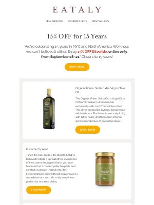 Eataly Net USA LLC - 15% OFF Sitewide for Our 15th Anniversary