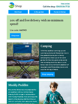 RSPB - 20% off and free delivery with no minimum spend!