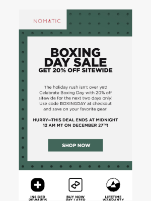 NOMATIC - 2 Days Only: 20% Off SITEWIDE For Boxing Day! 🎁