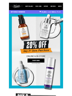 Kiehl's USA - Buy 3, Save 20% Instantly + FREE Gift