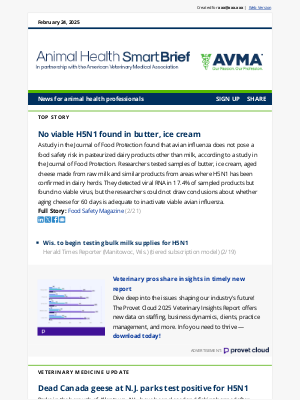 American Veterinary Medical Association (AVMA) - No viable H5N1 found in butter, ice cream