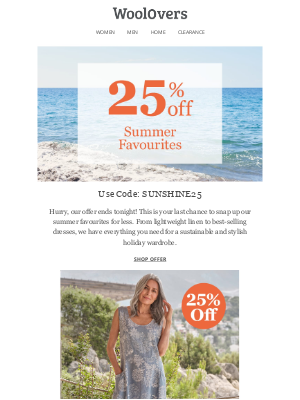 WoolOvers (United Kingdom) - Ends Tonight ⏳ 25% Off Summer Favourites