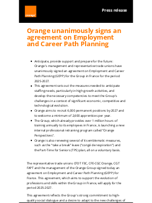 Orange - Orange unanimously signs an agreement on Employment and Career Path Planning