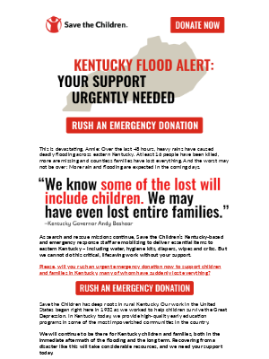 Save the Children Federation, Inc. - ALERT: Devastating floods in Kentucky putting children at risk