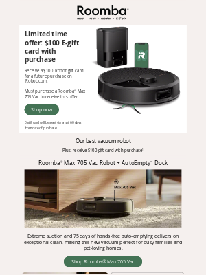 iRobot - Special gift card offer with purchase of a Roomba® Max 705 Vac