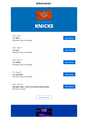 Ticketmaster - Knicks, Rangers - April Schedule