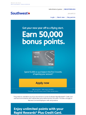 Southwest Airlines - Shelia, you're invited! Earn 50,000 points.