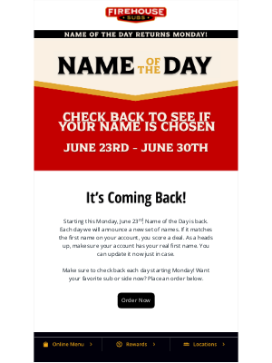 Firehouse Subs - Name of the Day is Coming Back!