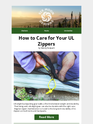 Six Moon Designs - How to Care for Your UL Zippers