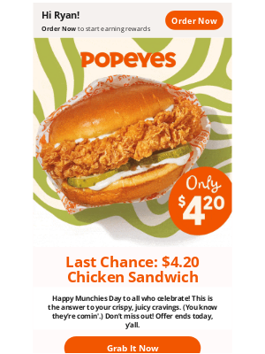 Popeyes Louisiana Kitchen - 😋Munchies? $4.20 Chicken Sandwich to the rescue!