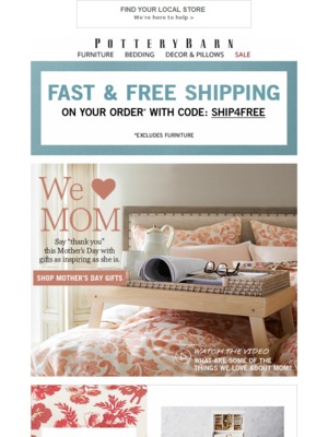 Email marketing campaign for Mother's Day from The Pottery Barn