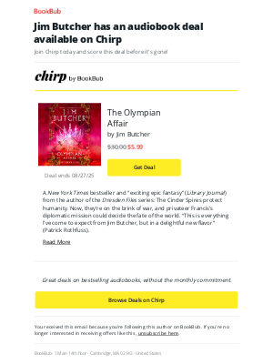 BookBub - Just In! A new deal on an audiobook by Jim Butcher is now available 🎧