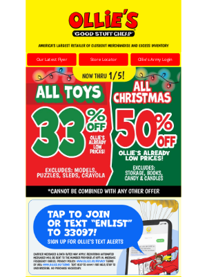 Ollie’s Bargain Outlet - Save 33% Off All TOYS & 50% Off All CHRISTMAS! NOW Thru 1/5!