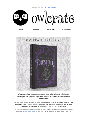 Owl Crate - Forestfall Sale Info!